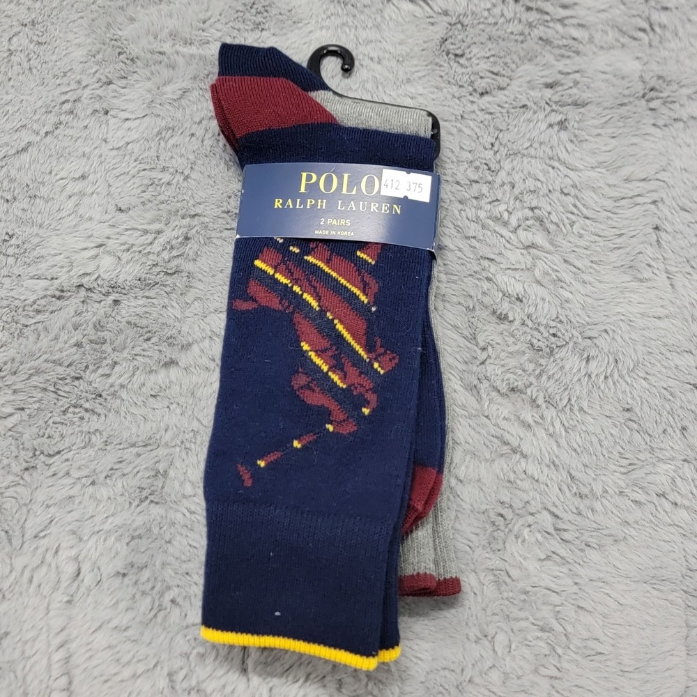 Polo Ralph Lauren Socks Mens 10-13 Navy Gray Big Pony Rider Crew 2 Pairs